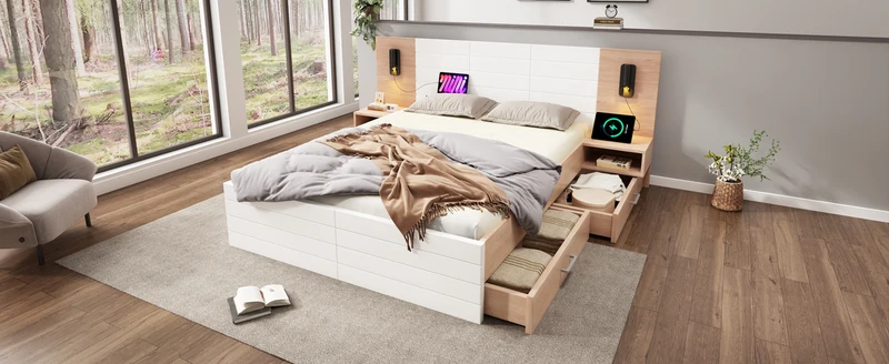 Lit double king effet bois avec 2 tiroirs lampe de lecture avec chargement USB chêne/blanc 180 x 200 cm (sans matelas) BIPHRAED