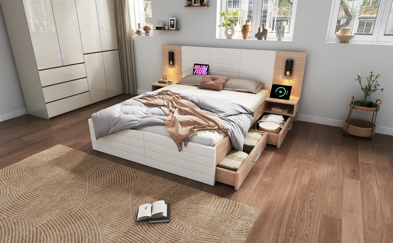 Lit double king effet bois avec 2 tiroirs lampe de lecture avec chargement USB chêne/blanc 180 x 200 cm (sans matelas) BIPHRAED