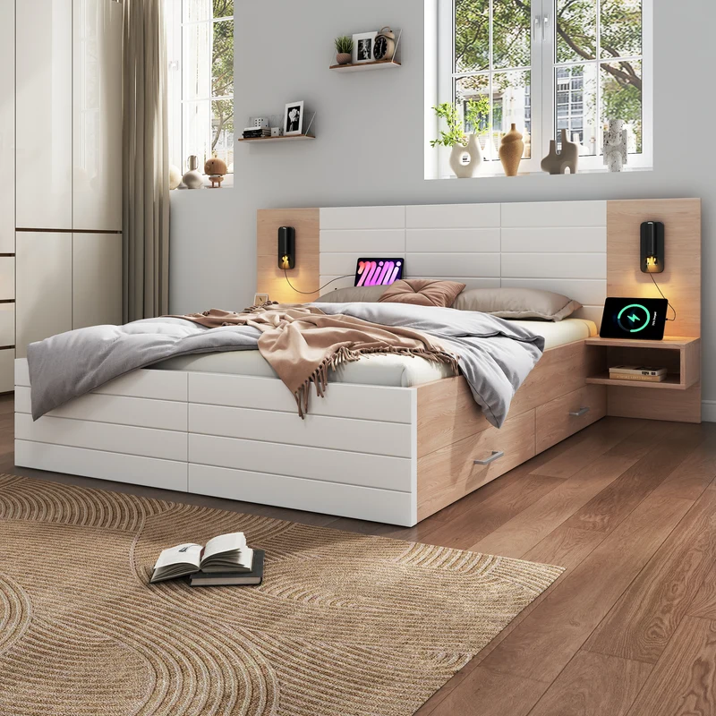 Lit double king effet bois avec 2 tiroirs lampe de lecture avec chargement USB chêne/blanc 180 x 200 cm (sans matelas) BIPHRAED