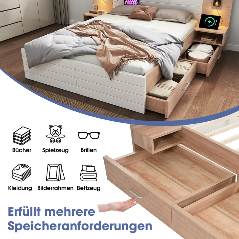 Lit double king effet bois avec 2 tiroirs lampe de lecture avec chargement USB chêne/blanc 180 x 200 cm (sans matelas) BIPHRAED
