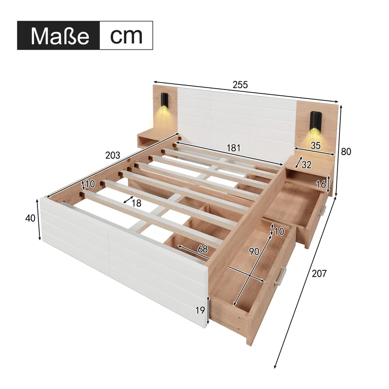 Lit double king effet bois avec 2 tiroirs lampe de lecture avec chargement USB chêne/blanc 180 x 200 cm (sans matelas) BIPHRAED