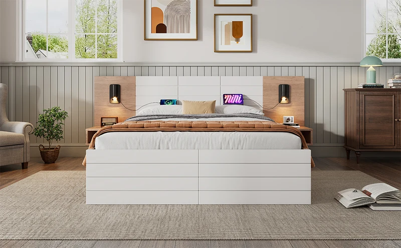 Lit double king effet bois avec 2 tiroirs lampe de lecture avec chargement USB chêne/blanc 180 x 200 cm (sans matelas) BIPHRAED