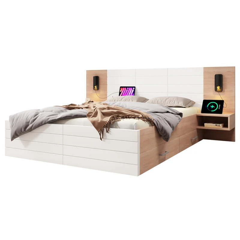 Lit double king effet bois avec 2 tiroirs lampe de lecture avec chargement USB chêne/blanc 180 x 200 cm (sans matelas) BIPHRAED