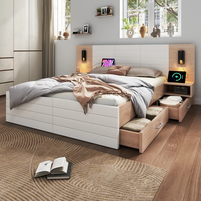 Lit double king effet bois avec 2 tiroirs lampe de lecture avec chargement USB chêne/blanc 180 x 200 cm (sans matelas) BIPHRAED