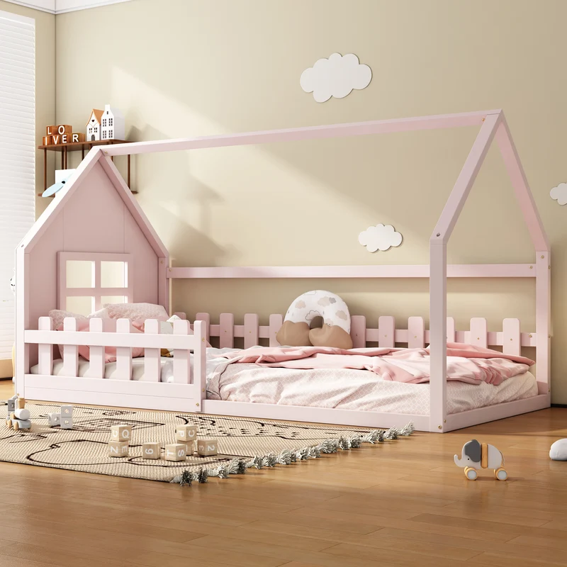 Lit enfant cabane rose en pin design maison 90x200cm INFINITEVYR