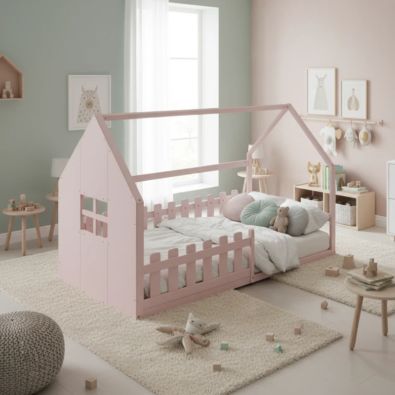 Lit enfant cabane rose en pin design maison 90x200cm INFINITEVYR