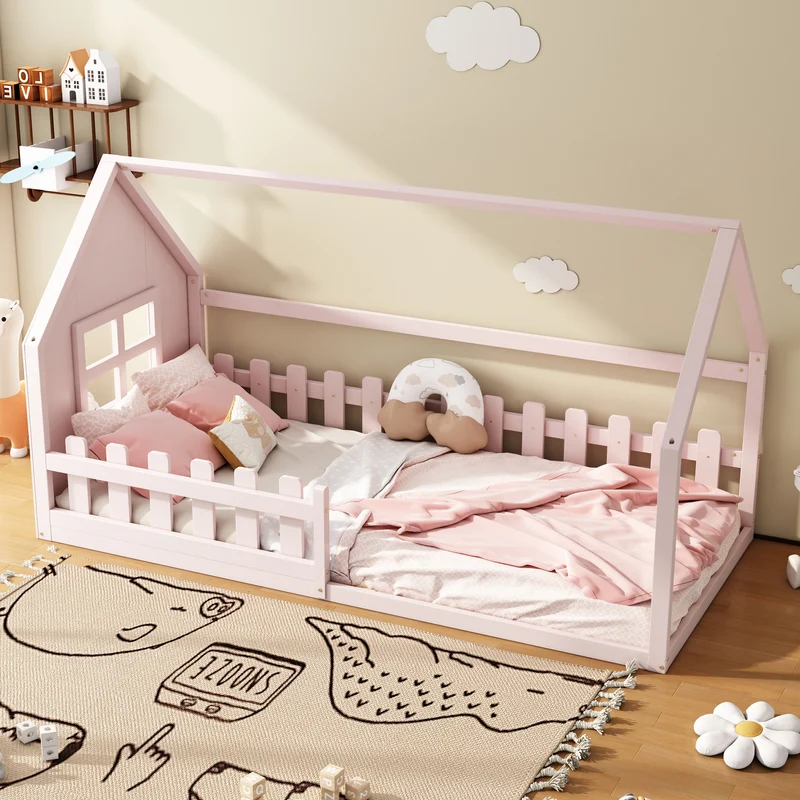 Lit enfant cabane rose en pin design maison 90x200cm INFINITEVYR