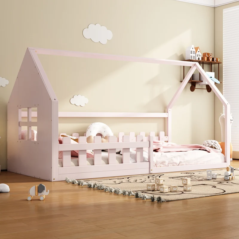 Lit enfant cabane rose en pin design maison 90x200cm INFINITEVYR