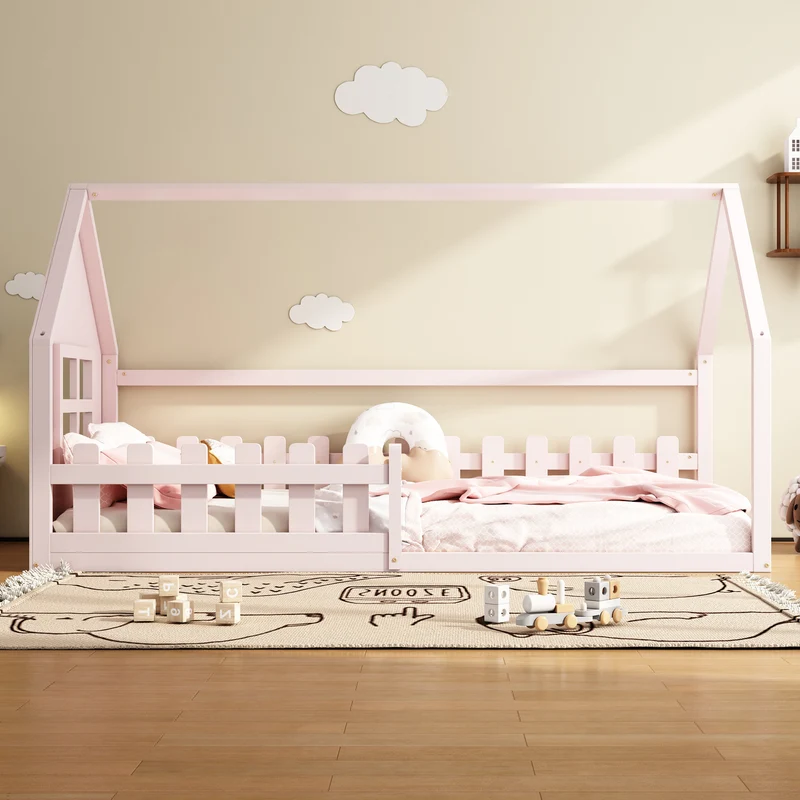 Lit enfant cabane rose en pin design maison 90x200cm INFINITEVYR