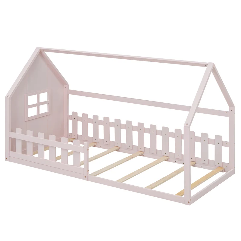Lit enfant cabane rose en pin design maison 90x200cm INFINITEVYR