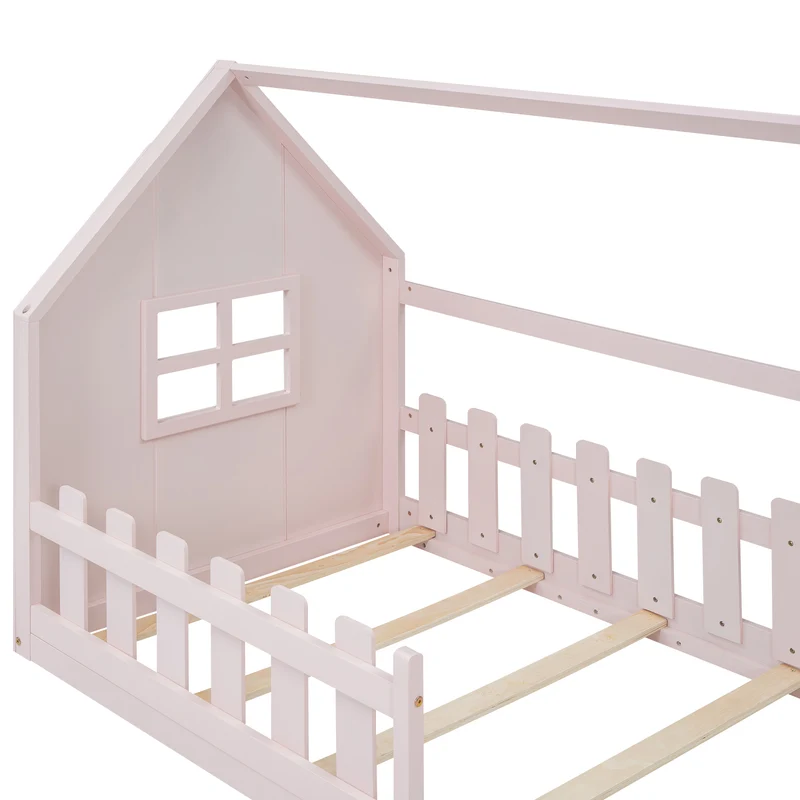 Lit enfant cabane rose en pin design maison 90x200cm INFINITEVYR