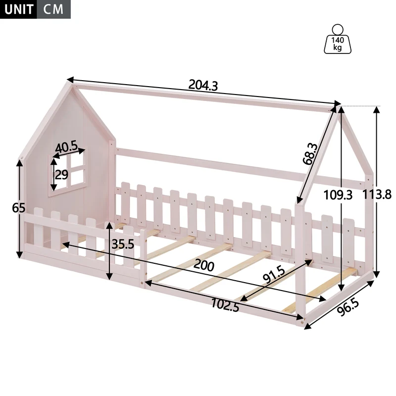 Lit enfant cabane rose en pin design maison 90x200cm INFINITEVYR