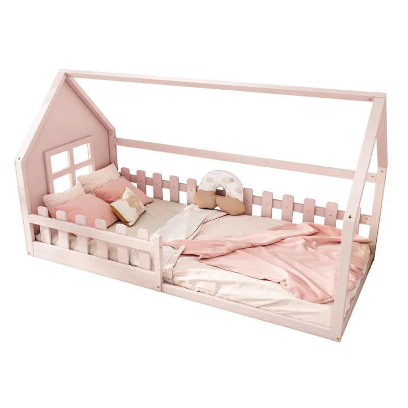 Lit enfant cabane rose en pin design maison 90x200cm INFINITEVYR