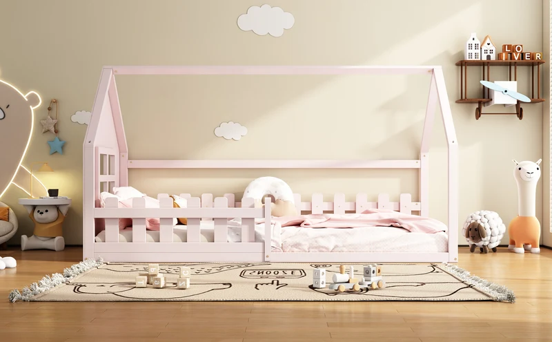Lit enfant cabane rose en pin design maison 90x200cm INFINITEVYR