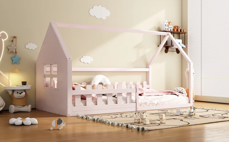 Lit enfant cabane rose en pin design maison 90x200cm INFINITEVYR