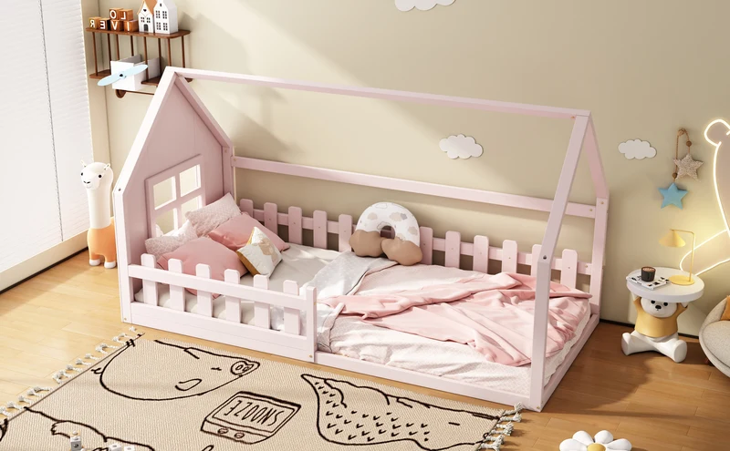 Lit enfant cabane rose en pin design maison 90x200cm INFINITEVYR