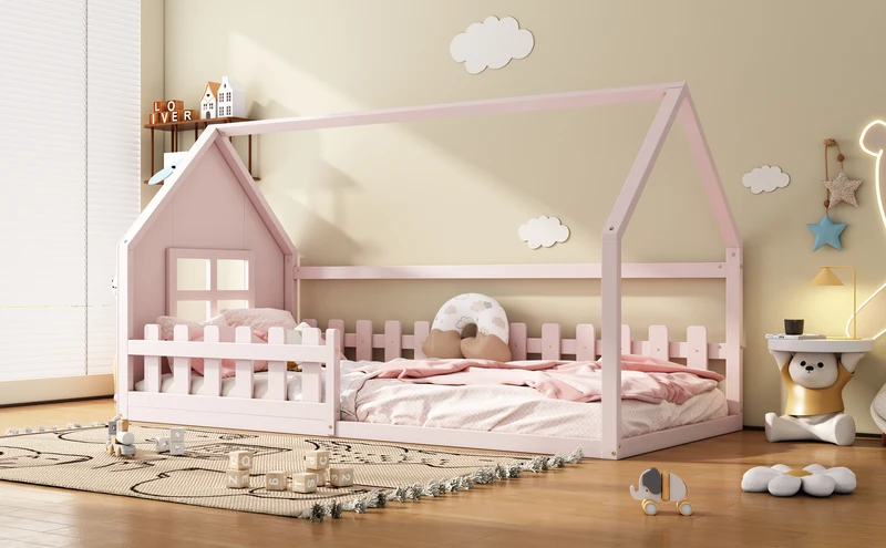 Lit enfant cabane rose en pin design maison 90x200cm INFINITEVYR