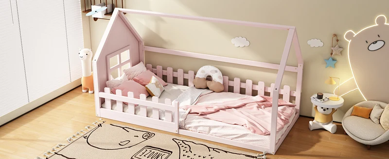Lit enfant cabane rose en pin design maison 90x200cm INFINITEVYR