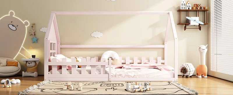 Lit enfant cabane rose en pin design maison 90x200cm INFINITEVYR
