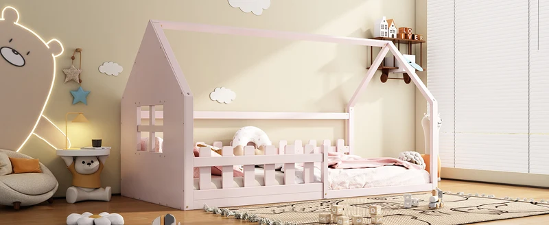 Lit enfant cabane rose en pin design maison 90x200cm INFINITEVYR
