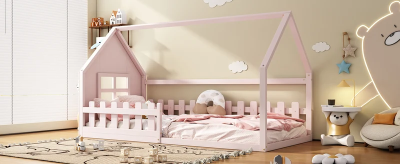 Lit enfant cabane rose en pin design maison 90x200cm INFINITEVYR