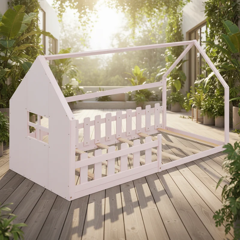 Lit enfant cabane rose en pin design maison 90x200cm INFINITEVYR