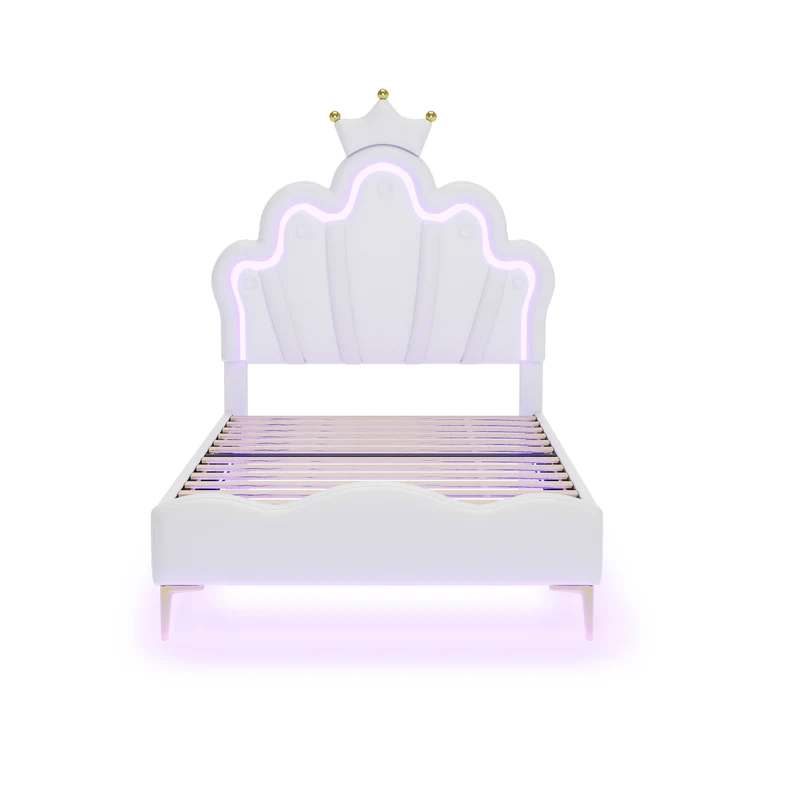 Lit enfant double PU blanc avec couronne étoile 90x200cm et LED style princesse FLAREMORN