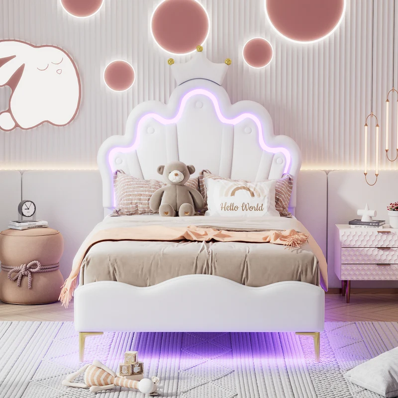 Lit enfant double PU blanc avec couronne étoile 90x200cm et LED style princesse FLAREMORN