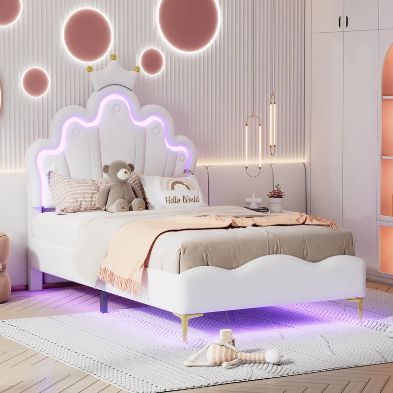 Lit enfant double PU blanc avec couronne étoile 90x200cm et LED style princesse FLAREMORN