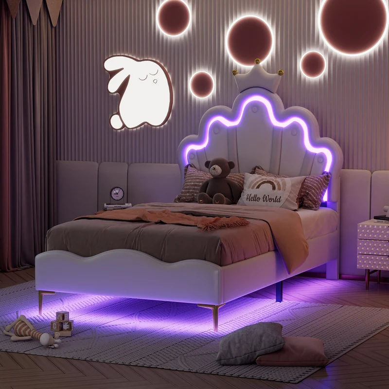 Lit enfant double PU blanc avec couronne étoile 90x200cm et LED style princesse FLAREMORN