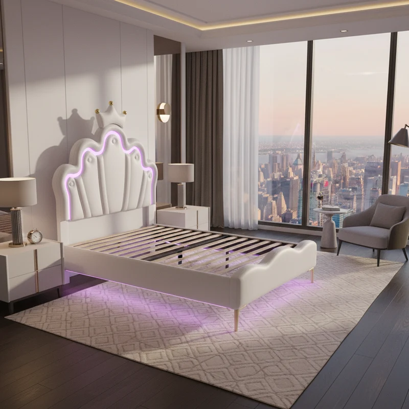 Lit enfant double PU blanc avec couronne étoile 90x200cm et LED style princesse FLAREMORN