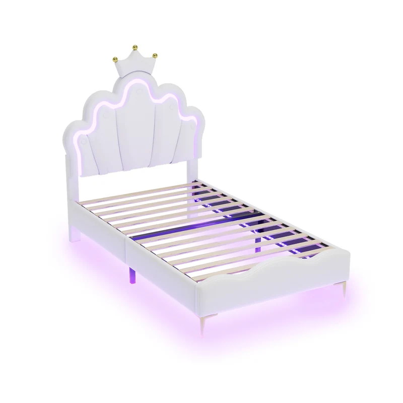 Lit enfant double PU blanc avec couronne étoile 90x200cm et LED style princesse FLAREMORN