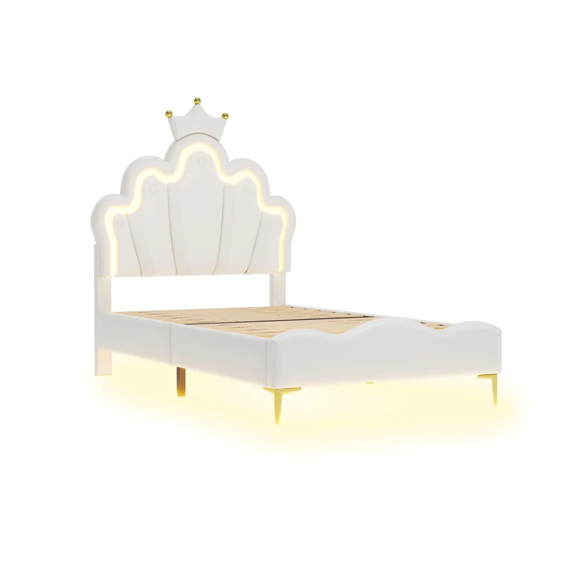 Lit enfant double PU blanc avec couronne étoile 90x200cm et LED style princesse FLAREMORN