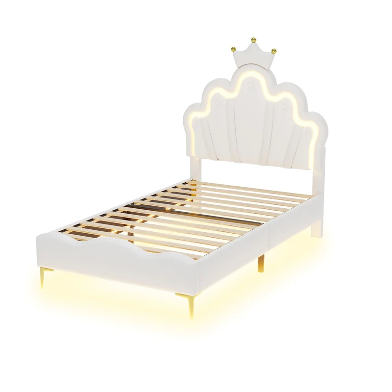 Lit enfant double PU blanc avec couronne étoile 90x200cm et LED style princesse FLAREMORN