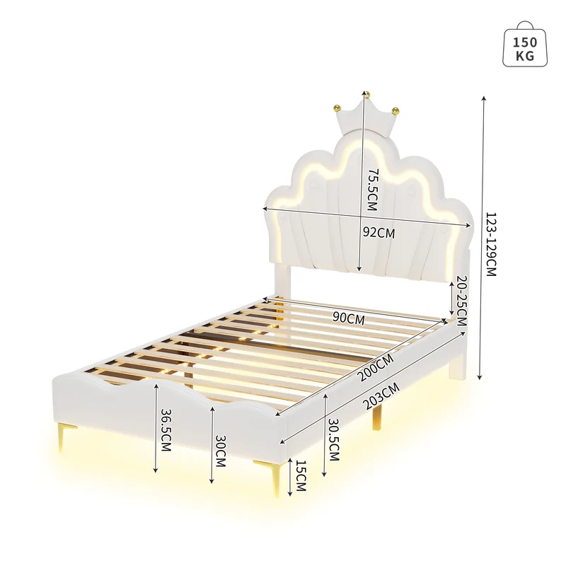 Lit enfant double PU blanc avec couronne étoile 90x200cm et LED style princesse FLAREMORN