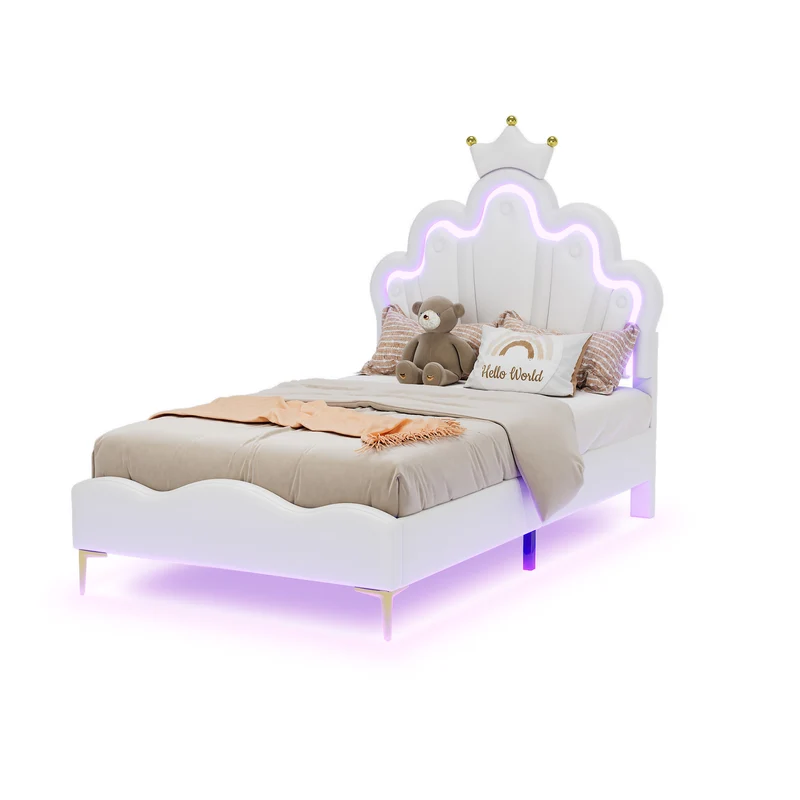 Lit enfant double PU blanc avec couronne étoile 90x200cm et LED style princesse FLAREMORN