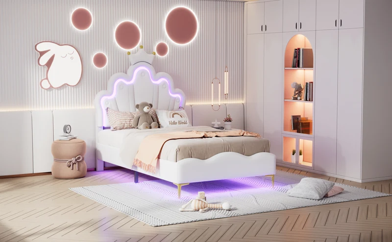 Lit enfant double PU blanc avec couronne étoile 90x200cm et LED style princesse FLAREMORN