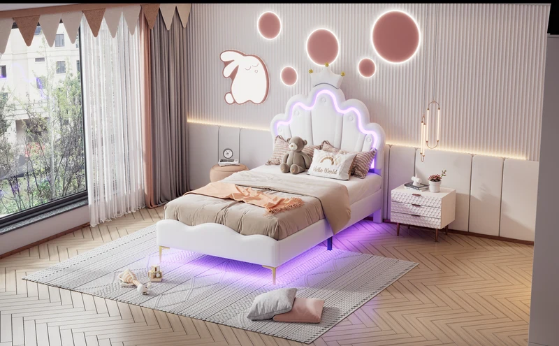 Lit enfant double PU blanc avec couronne étoile 90x200cm et LED style princesse FLAREMORN