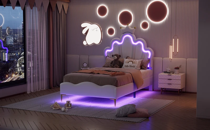 Lit enfant double PU blanc avec couronne étoile 90x200cm et LED style princesse FLAREMORN