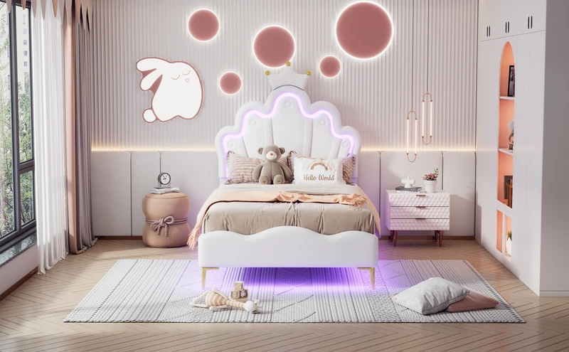 Lit enfant double PU blanc avec couronne étoile 90x200cm et LED style princesse FLAREMORN