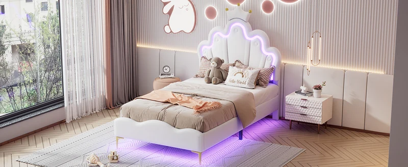Lit enfant double PU blanc avec couronne étoile 90x200cm et LED style princesse FLAREMORN