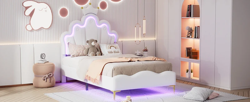 Lit enfant double PU blanc avec couronne étoile 90x200cm et LED style princesse FLAREMORN