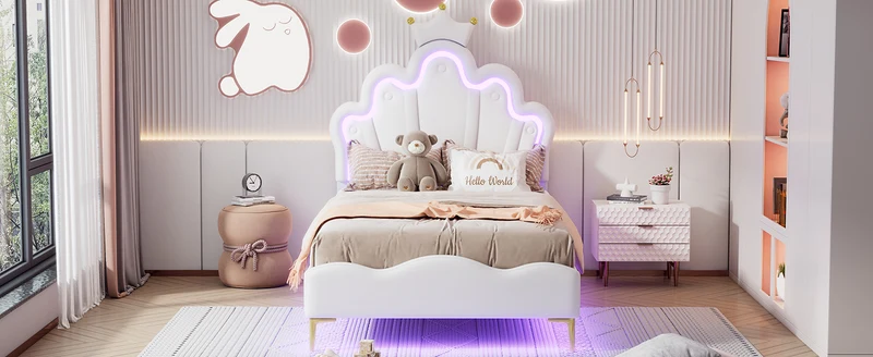 Lit enfant double PU blanc avec couronne étoile 90x200cm et LED style princesse FLAREMORN