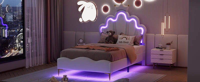 Lit enfant double PU blanc avec couronne étoile 90x200cm et LED style princesse FLAREMORN
