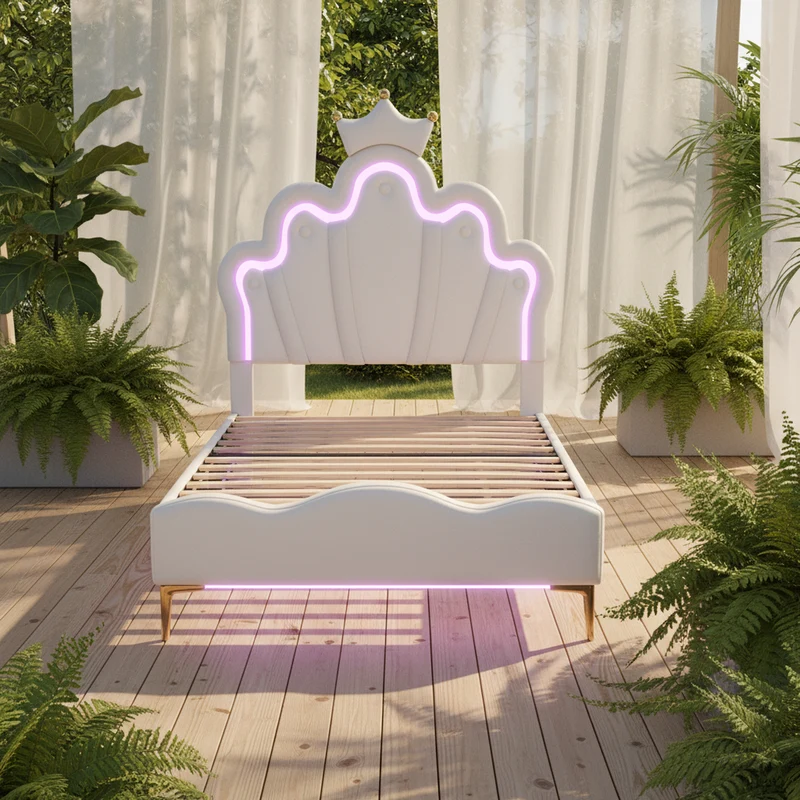 Lit enfant double PU blanc avec couronne étoile 90x200cm et LED style princesse FLAREMORN