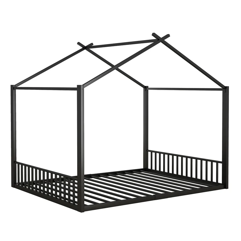 Lit enfant cabane double au sol en métal noir, design maison, facile à monter 140x200 cm INFINITEAPEX