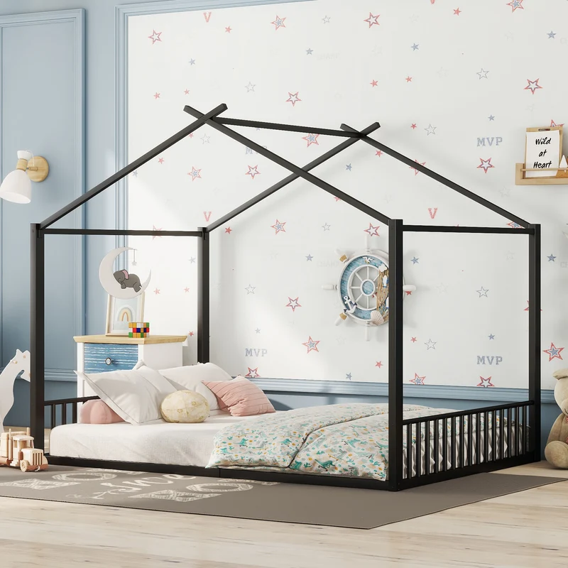 Lit enfant cabane double au sol en métal noir, design maison, facile à monter 140x200 cm INFINITEAPEX