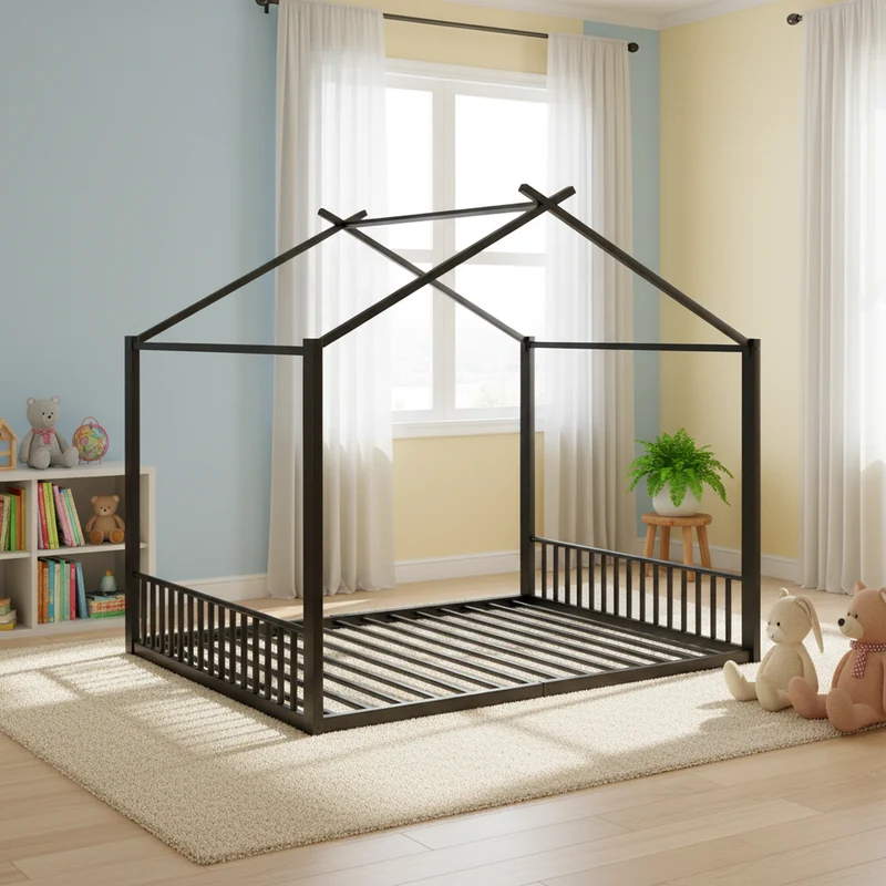 Lit enfant cabane double au sol en métal noir, design maison, facile à monter 140x200 cm INFINITEAPEX