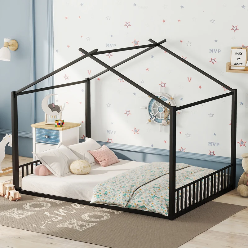 Lit enfant cabane double au sol en métal noir, design maison, facile à monter 140x200 cm INFINITEAPEX