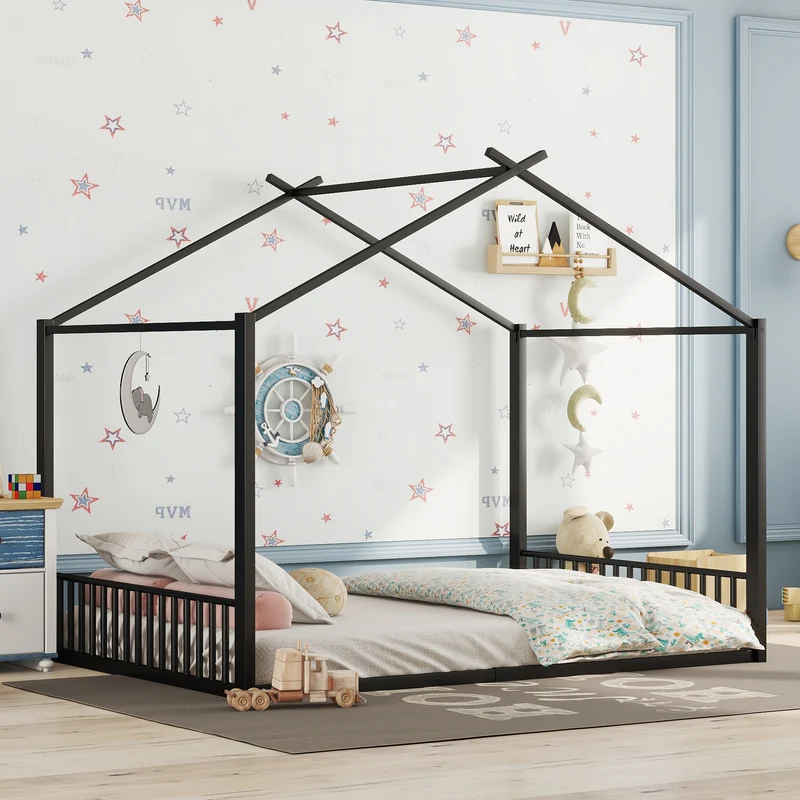 Lit enfant cabane double au sol en métal noir, design maison, facile à monter 140x200 cm INFINITEAPEX